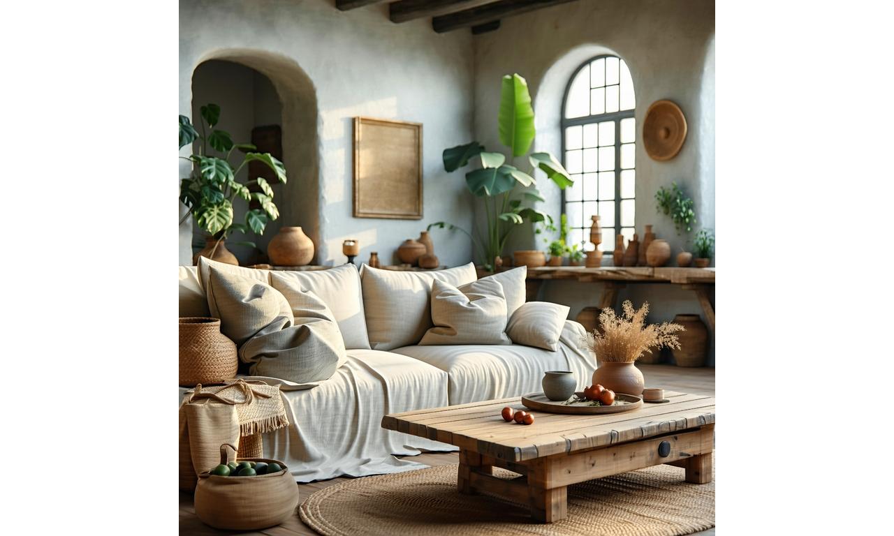 Salón con sofá de lino y mesa de roble