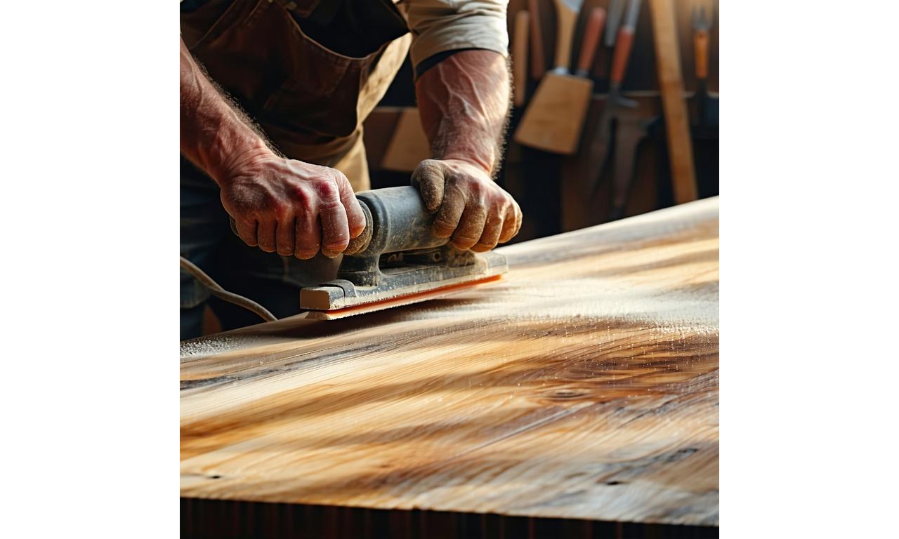 Artesanos lijando una mesa de nogal en el taller